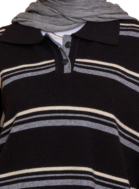 Design 3 Striped Knitted Polo Pullover - Khotwh
