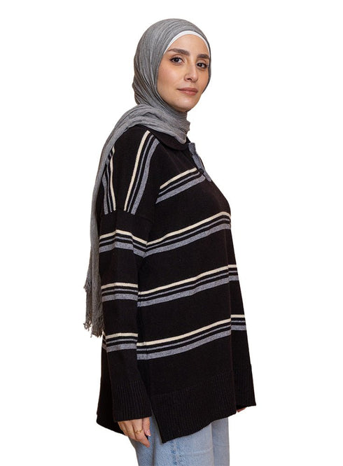 Design 3 Striped Knitted Polo Pullover - Khotwh