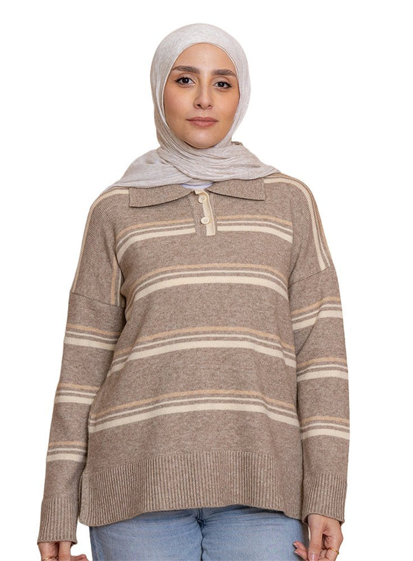 Design 4 Striped Knitted Polo Pullover - Khotwh