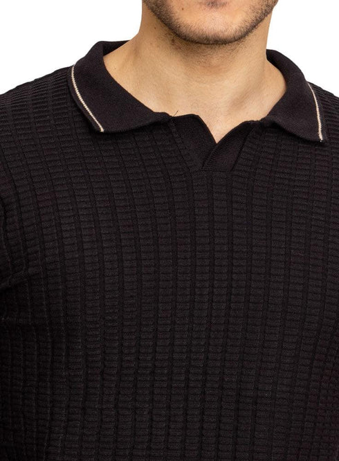 F - Black Striped Polo Neck Pullover - Khotwh