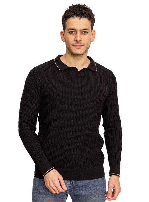 F - Black Striped Polo Neck Pullover - Khotwh