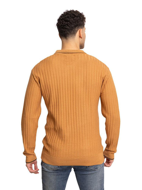 F - Camel Striped Polo Neck Pullover - Khotwh