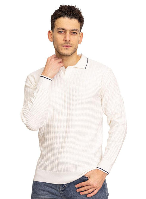 F - White Striped Polo Neck Pullover - Khotwh