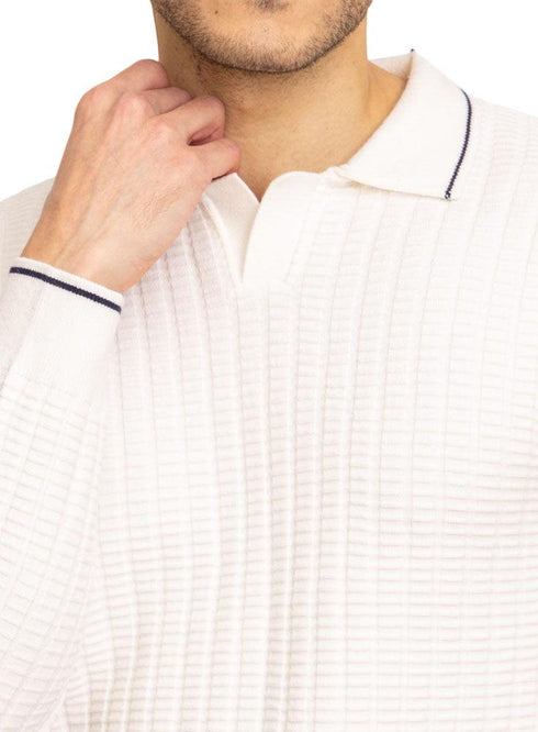 F - White Striped Polo Neck Pullover - Khotwh