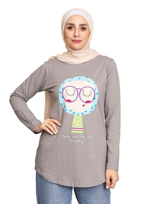 Forest Grey Printed Long - Sleeve Design 37 - Khotwh