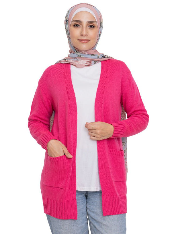 Fuchsia Pink Basic Pocket Cardigan - Khotwh
