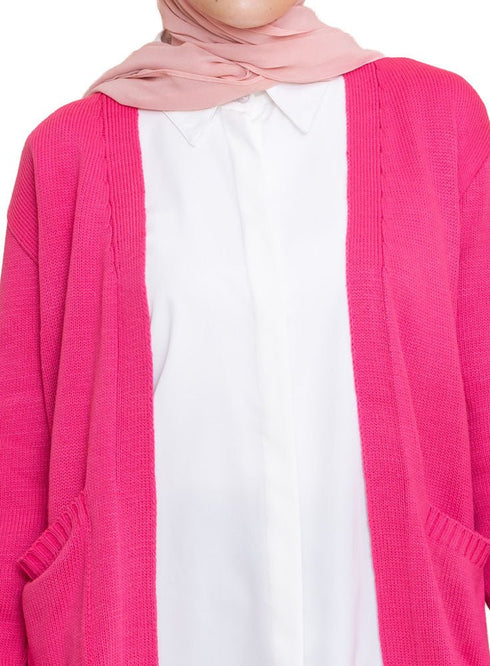 Fuchsia Pink Basic Pocket Cardigan - Khotwh