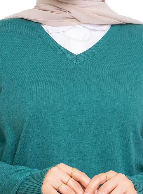 Green Olive V - Neck Knit Pullover - Khotwh