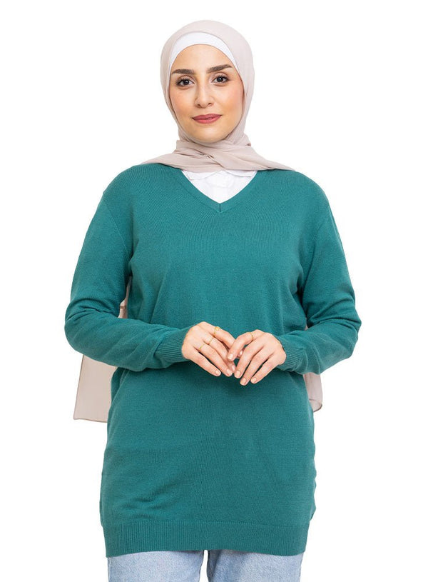 Green Olive V - Neck Knit Pullover - Khotwh