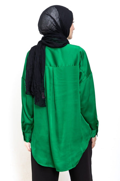 Green Satin Over Size Shirt - Khotwh