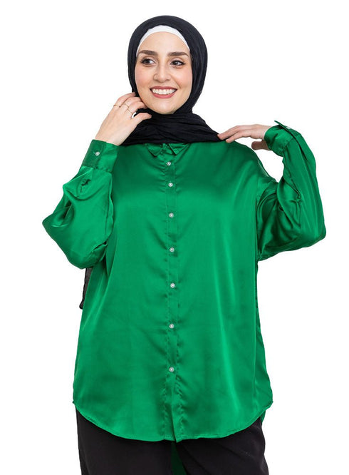 Green Satin Over Size Shirt - Khotwh