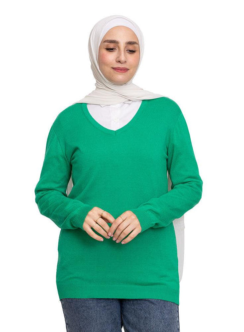 Green V - Neck Knit Pullover - Khotwh