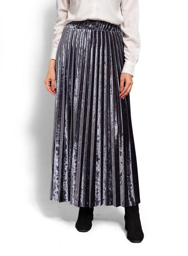 Grey Blue Pleated Velvet Skirt - Khotwh