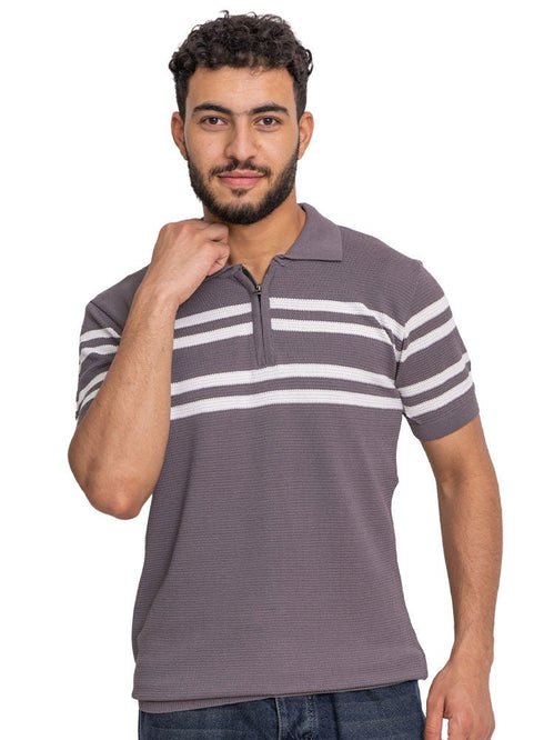 Grey Design 01050Knit Polo Neck Zipper - T-Shirt - Khotwh