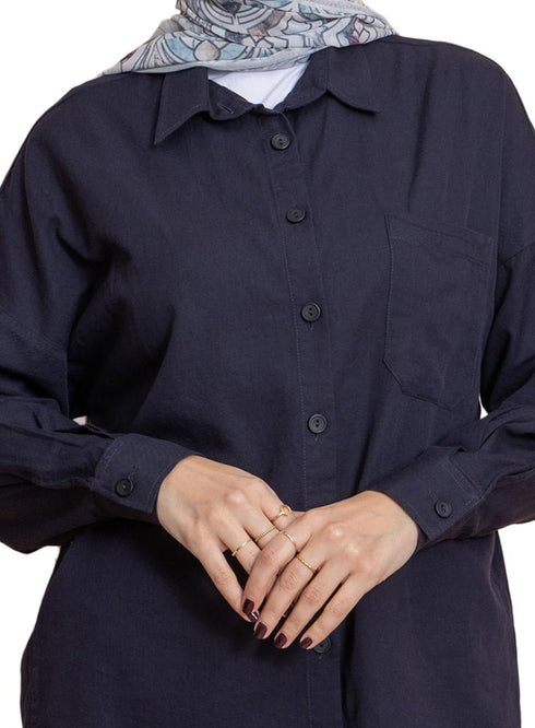 Indigo Pocket Over Size Linen Shirt - Khotwh