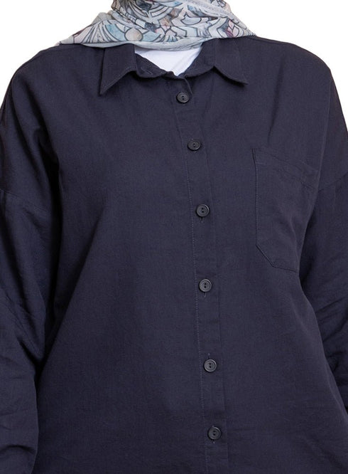 Indigo Pocket Over Size Linen Shirt - Khotwh