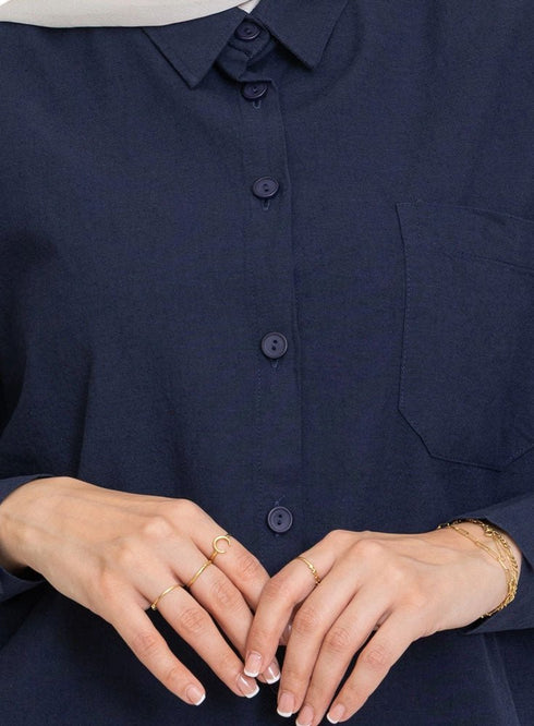 Indigo Pocket Over Size Linen Shirt - Khotwh