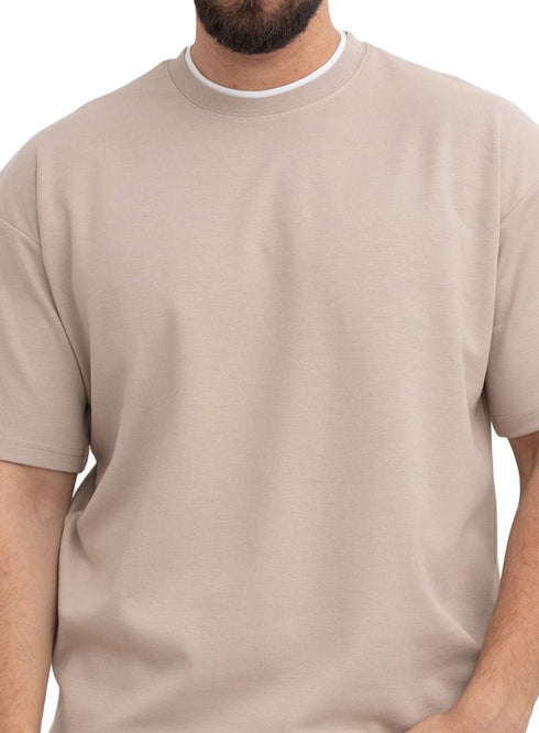 Latte Double-Layerd Oversize Round T-Shirt - Khotwh
