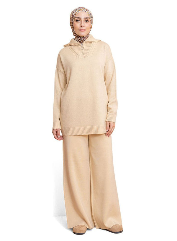 Latte Zipper knitted Suit - Khotwh