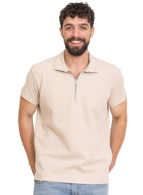 Latte Zipper Squares Polo Neck T-Shirt - Khotwh