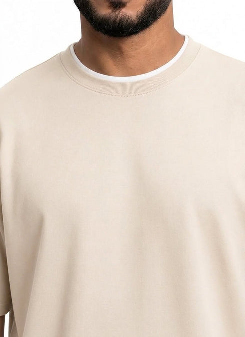 Light Latte Double-Layerd Oversize Round T-Shirt - Khotwh