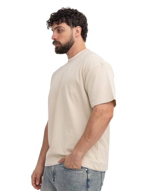 Light Latte Double-Layerd Oversize Round T-Shirt - Khotwh