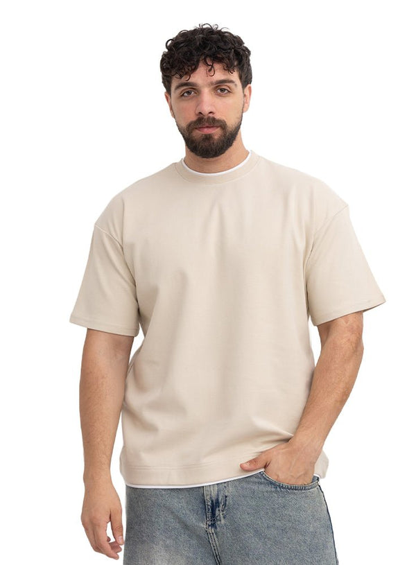 Light Latte Double-Layerd Oversize Round T-Shirt - Khotwh