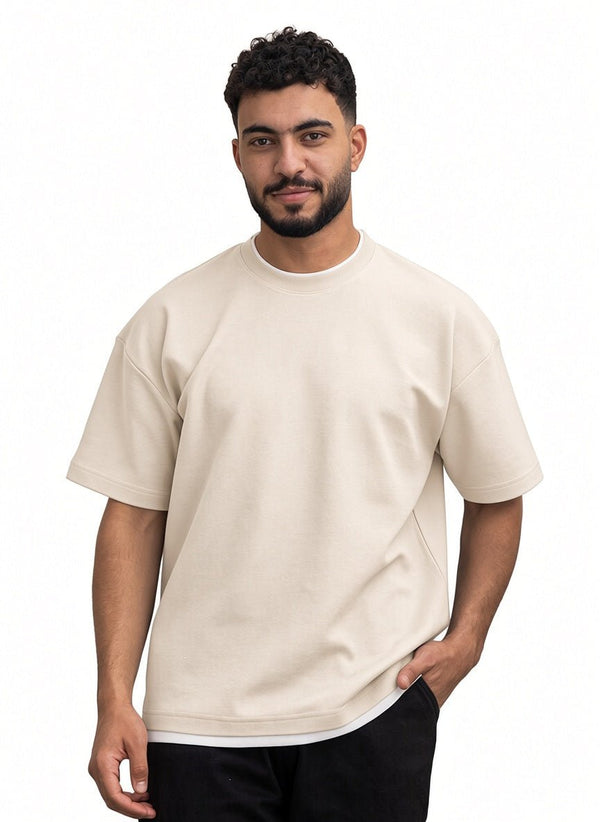 Light Latte Double-Layerd Oversize Round T-Shirt - Khotwh