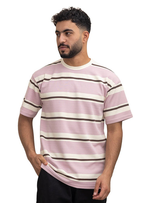 Lilac Striped - Over Size Round T-Shirt - Khotwh