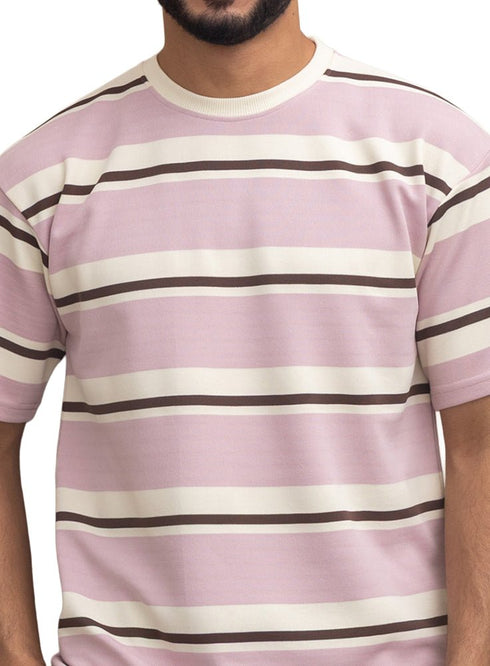 Lilac Striped - Over Size Round T-Shirt - Khotwh