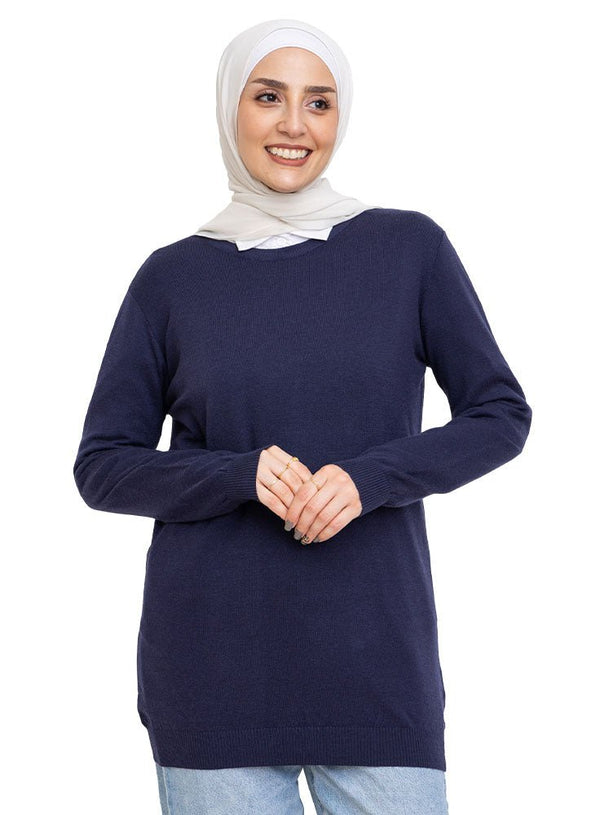 Medieval Blue Round Knit Pullover - Khotwh