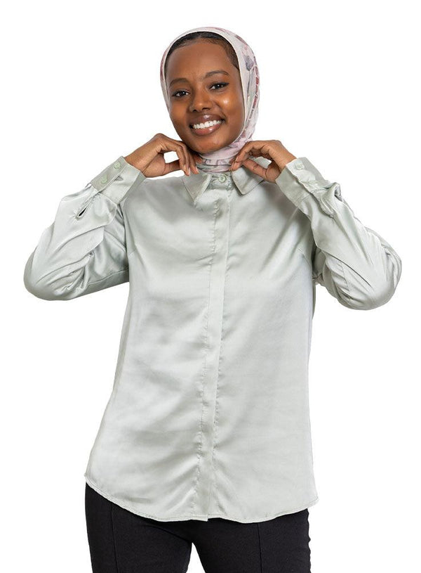Mint Satin Collar Blouse - Khotwh