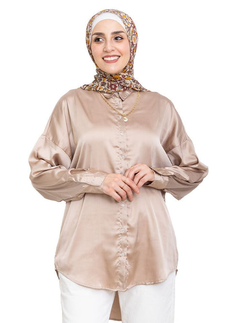 Mocha Satin Over Size Shirt - Khotwh