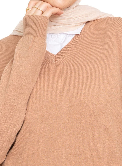 Mocha V - Neck Knit Pullover - Khotwh