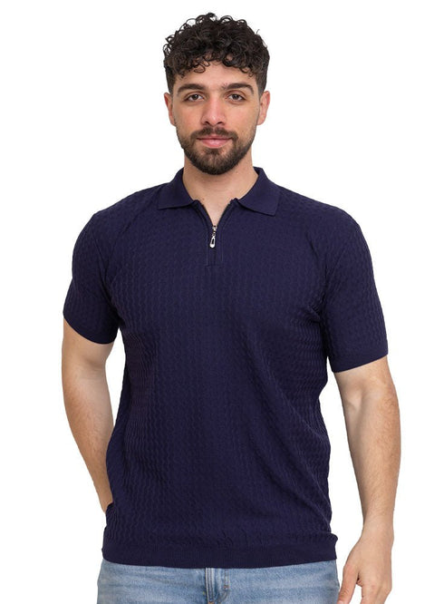 Navy Design 01011Knit Polo Neck Zipper - T-Shirt - Khotwh