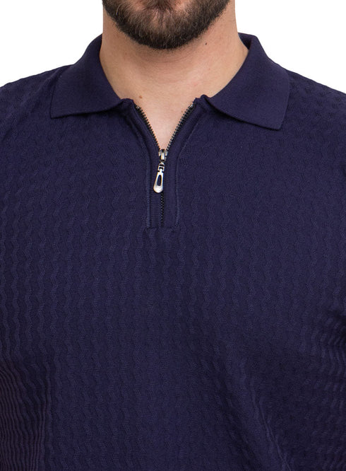 Navy Design 01011Knit Polo Neck Zipper - T-Shirt - Khotwh