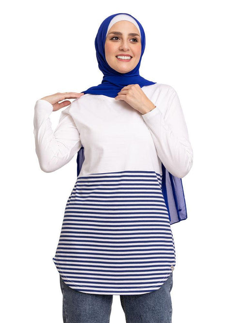 Navy Half Striped Long - Sleeve - Khotwh