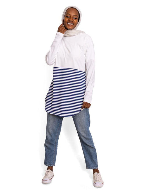 Navy Half Striped Long - Sleeve - Khotwh