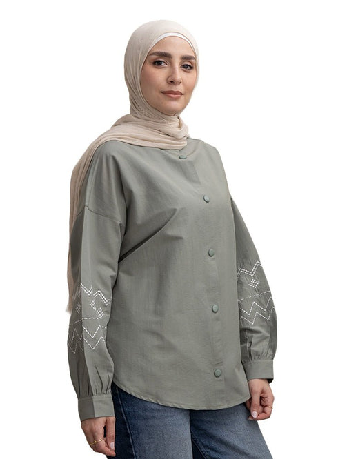 Olive Embroidered Poplin Shirt - Khotwh