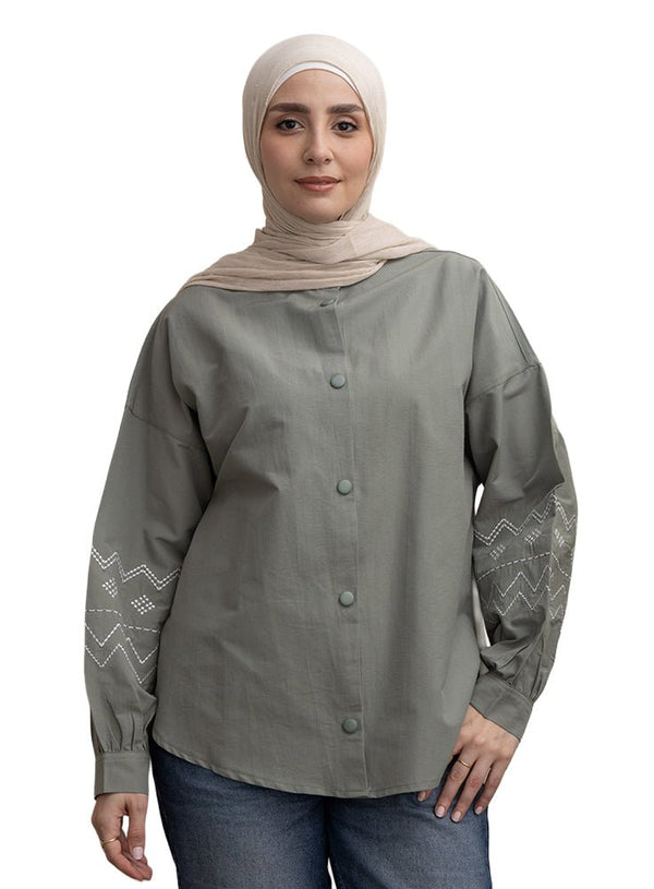 Olive Embroidered Poplin Shirt - Khotwh