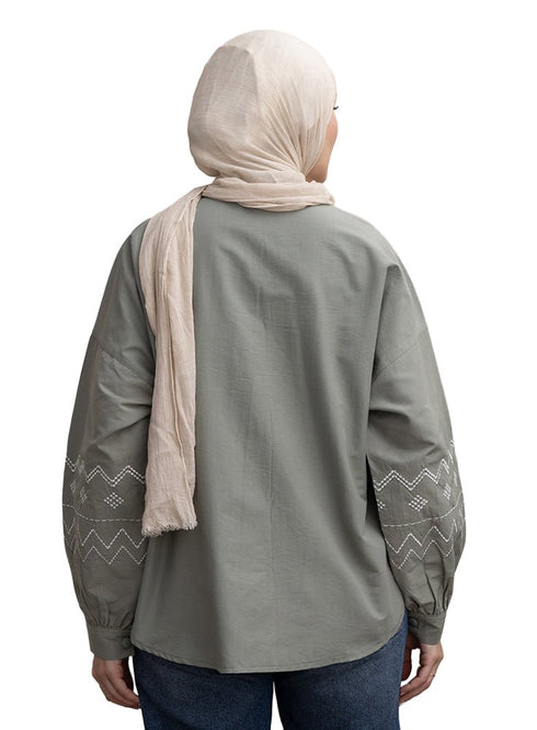 Olive Embroidered Poplin Shirt - Khotwh