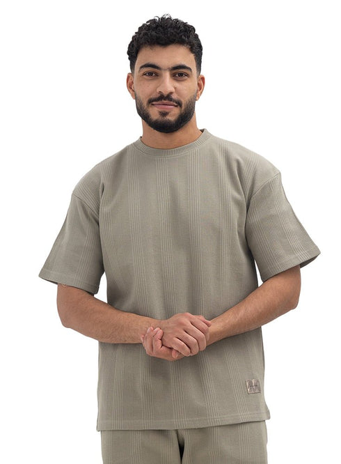 Olive Jacquard - Over Size Round T-Shirt - Khotwh
