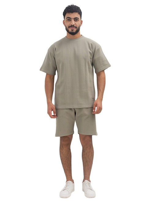 Olive Jacquard - Over Size Round T-Shirt - Khotwh