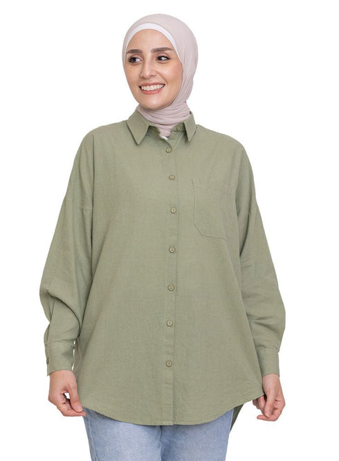 Olive Linen Pocket Over Size Shirt - Khotwh