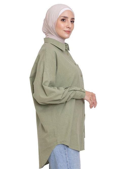 Olive Linen Pocket Over Size Shirt - Khotwh