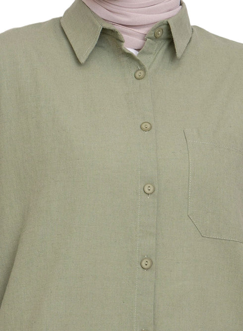 Olive Linen Pocket Over Size Shirt - Khotwh