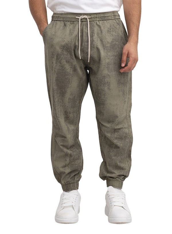 Olive Printed Gabardine Elastic Pants - Khotwh