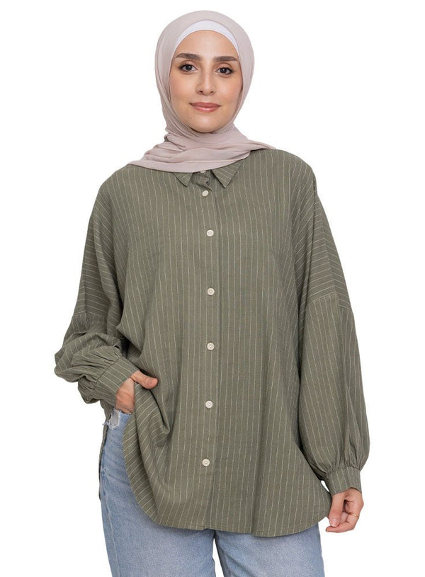 Olive Striped Linen Shirt - Khotwh