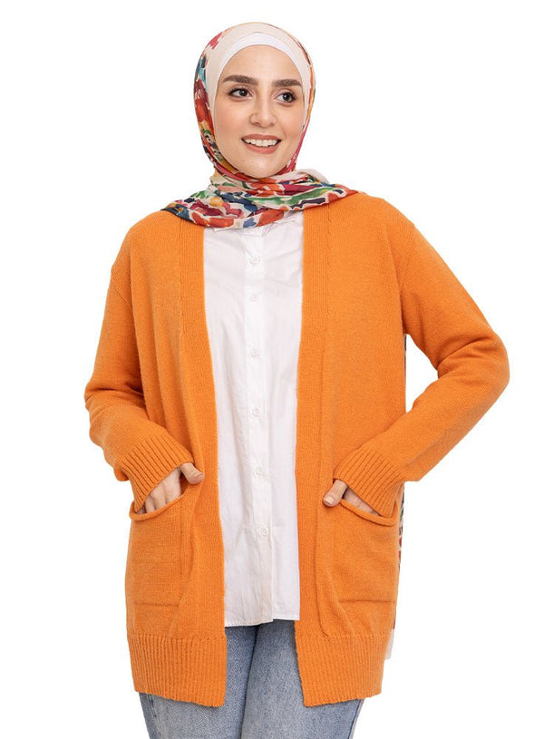 Orange Basic Pocket Cardigan - Khotwh