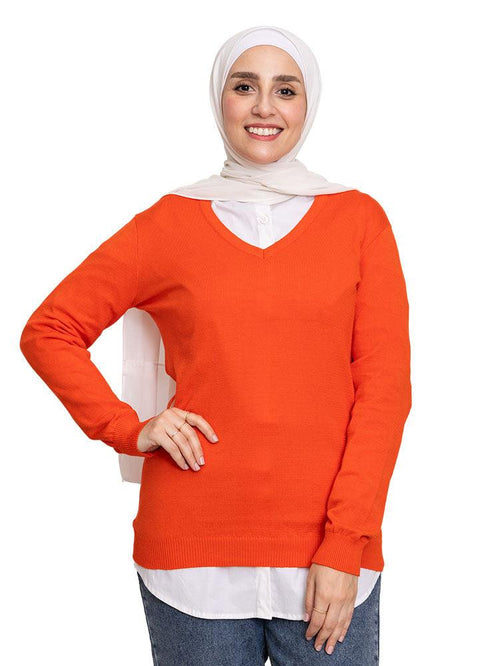 Orange V - Neck Knit Pullover - Khotwh